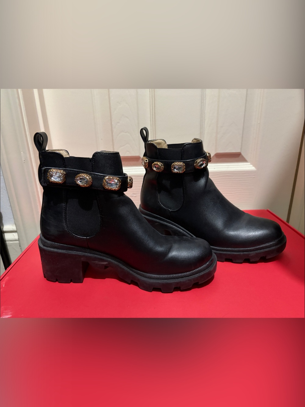 Steve Madden Black Leather Platform Chelsea Boots with Gold Jewel Straps